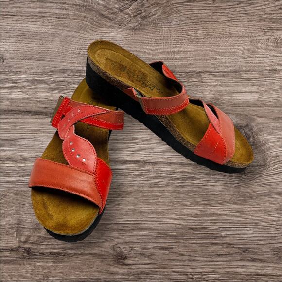 Naot Women's Leather Wedge Red/Orange Salmon Leaf With Rhinestones Size 38/US 7 - Picture 1 of 7